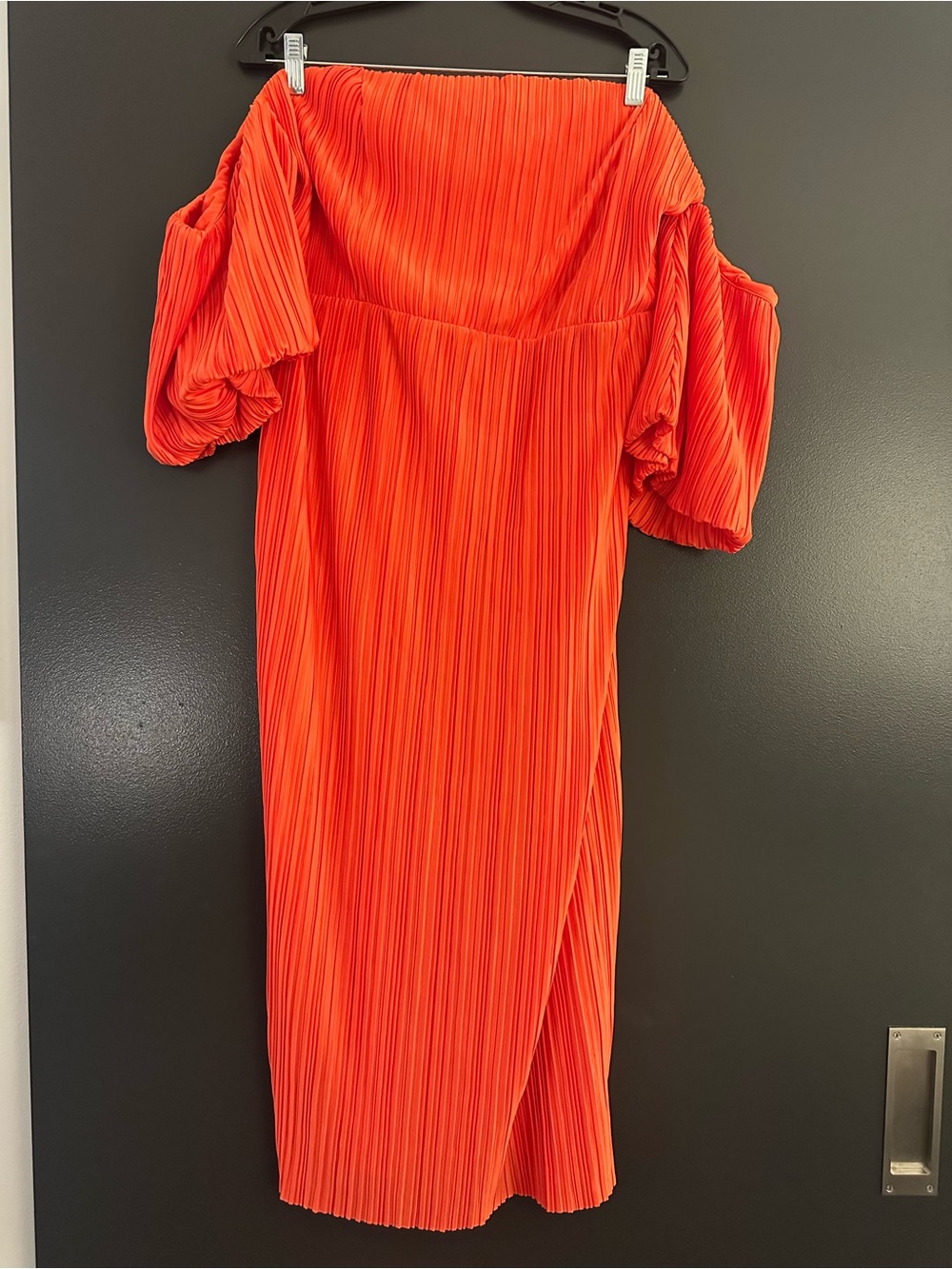 ASOS Off-Shoulder Pleated Midi Dress in Vibrant Orange